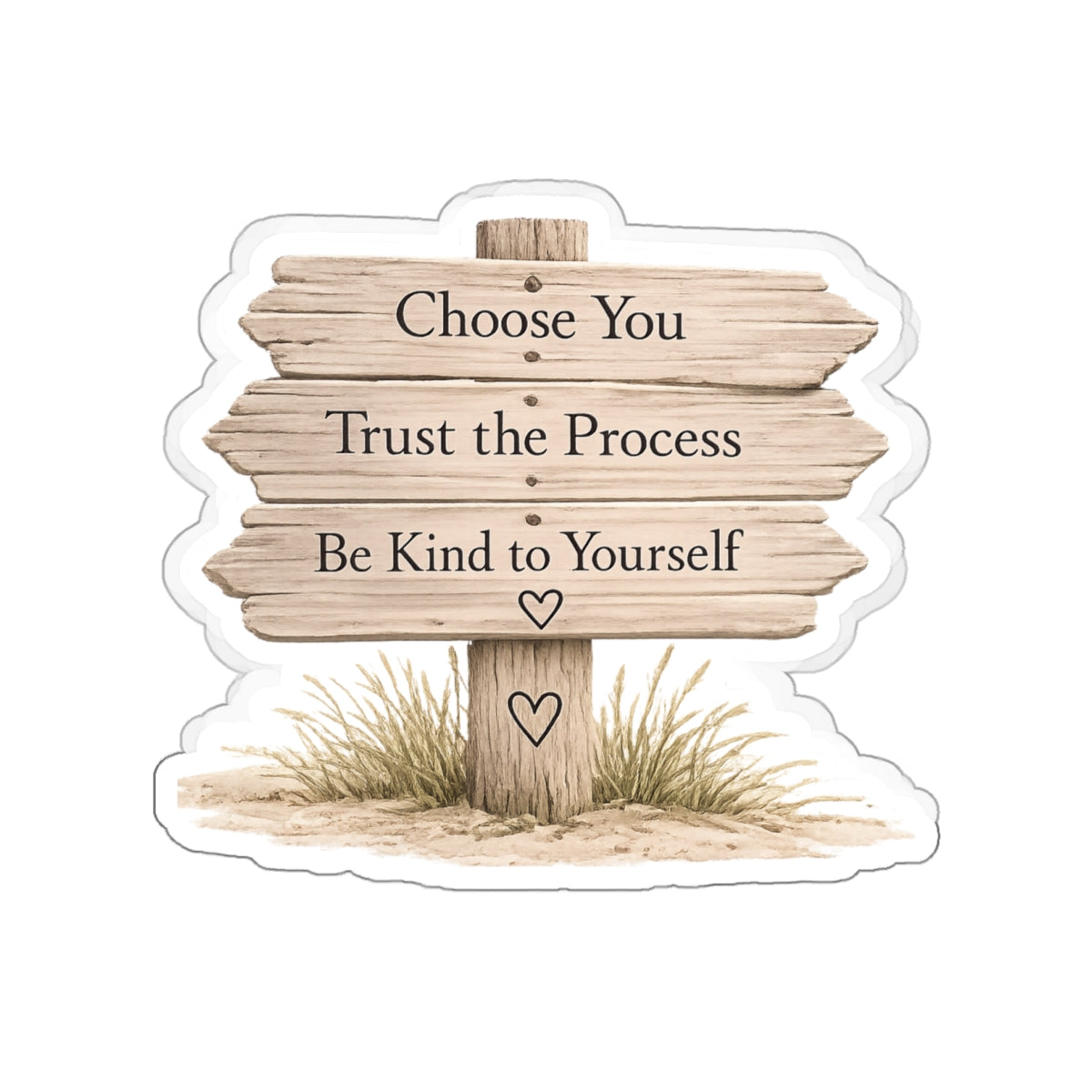 Close view of the wooden beach sign quote sticker on a white background