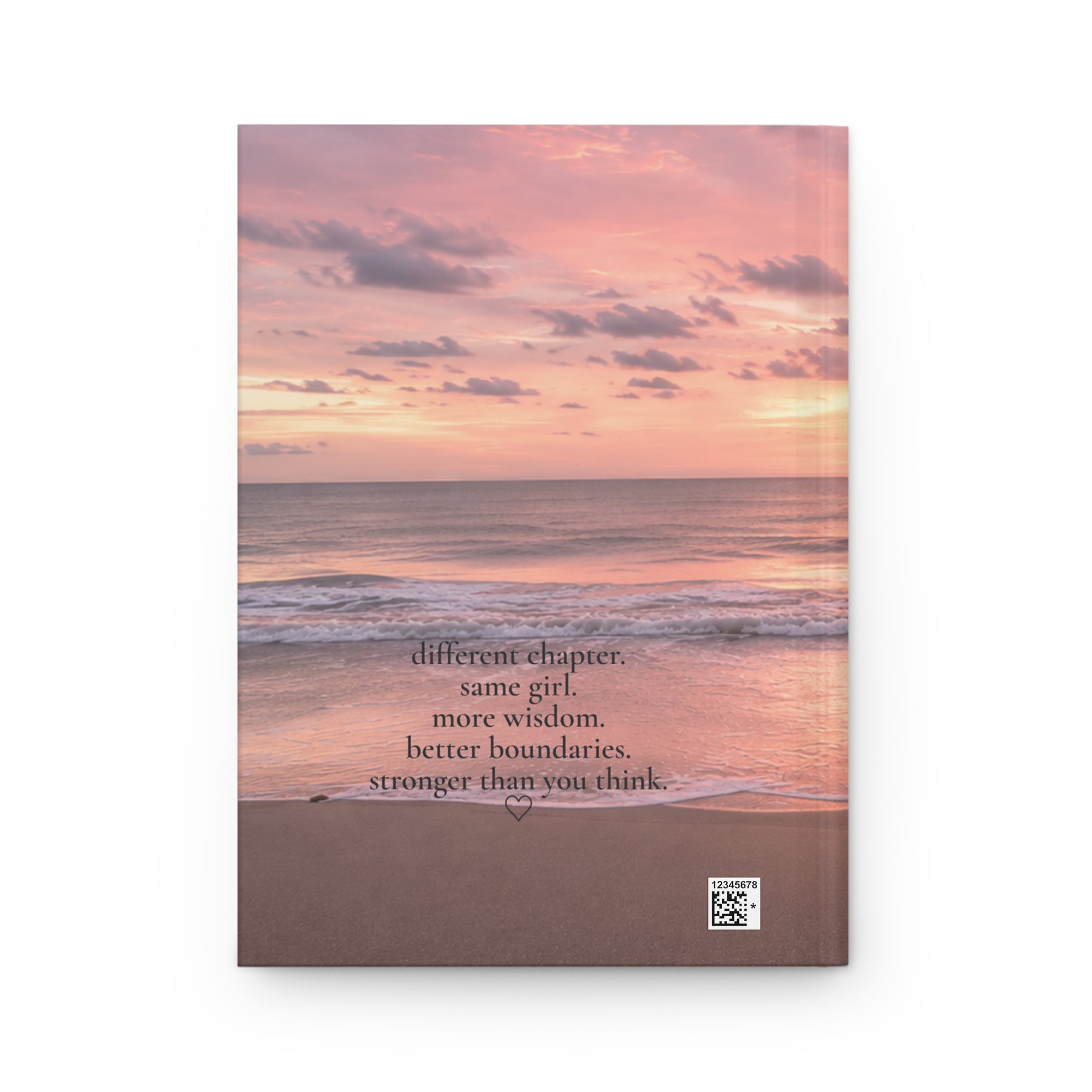 Back cover of the Choose Yourself journal with a pink and blue sunset design and printed quote
